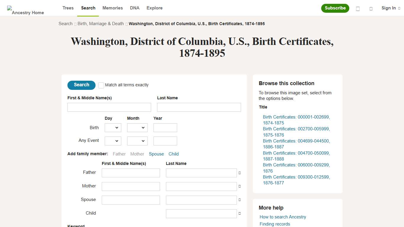 Washington, District of Columbia, U.S., Birth Certificates, 1874-1895 - Ancestry